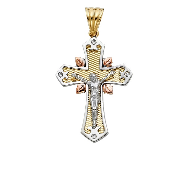 14K Tri Color CZ Religious Crucifix Pendant